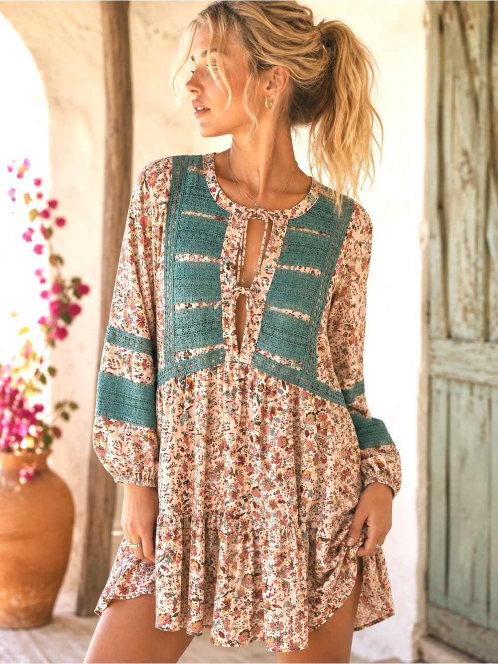 FRYE Dahlia Floral Lace Trim Tiered Boho Babydoll Mini Dress NWT Small